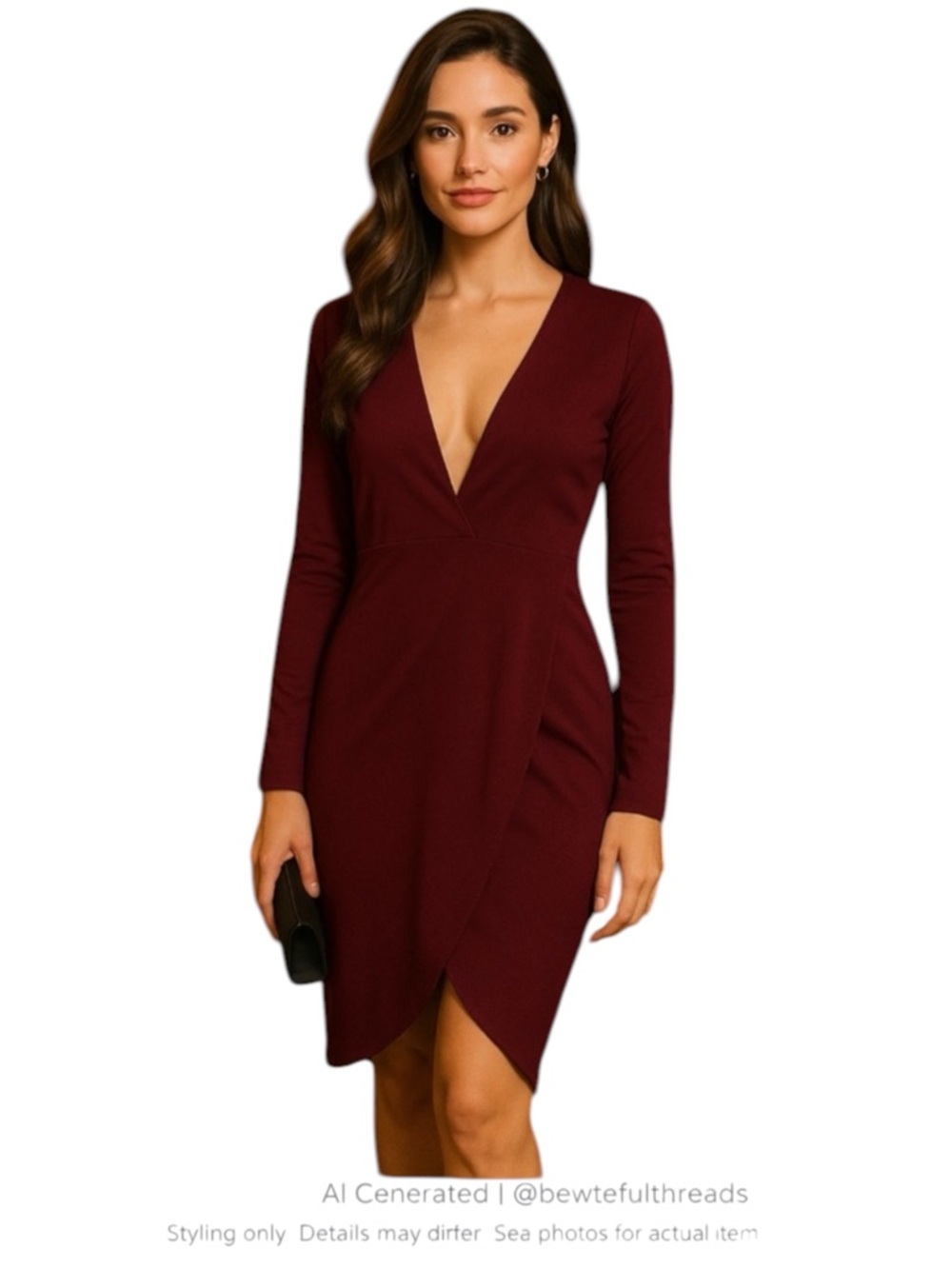 Lulus Burgundy Long Sleeve Plunge Tulip Hem Midi Dress NWT